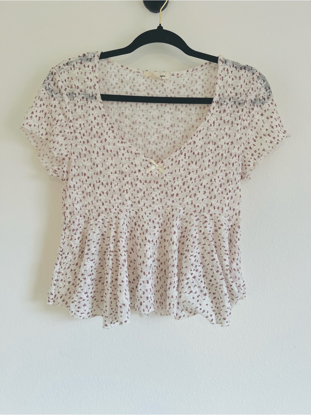 Hespens Cream and Brown Dotted Babydoll V-Neck Top